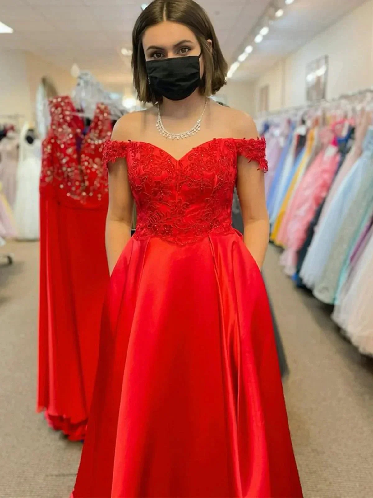 Red Long A-line Off The Shoulder Satin Lace Prom Dresses with Slit - Image 2