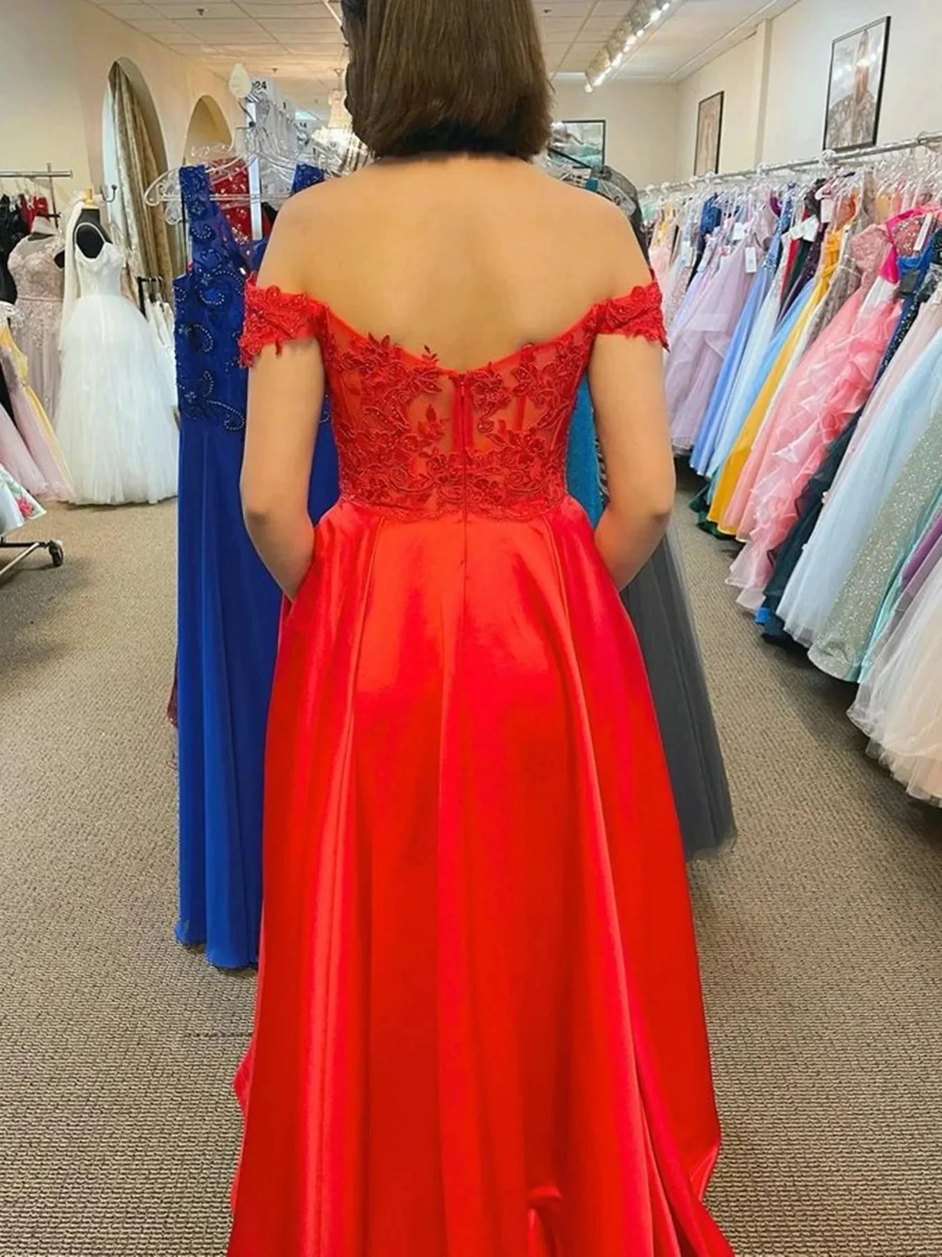 Red Long A-line Off The Shoulder Satin Lace Prom Dresses with Slit - Image 3