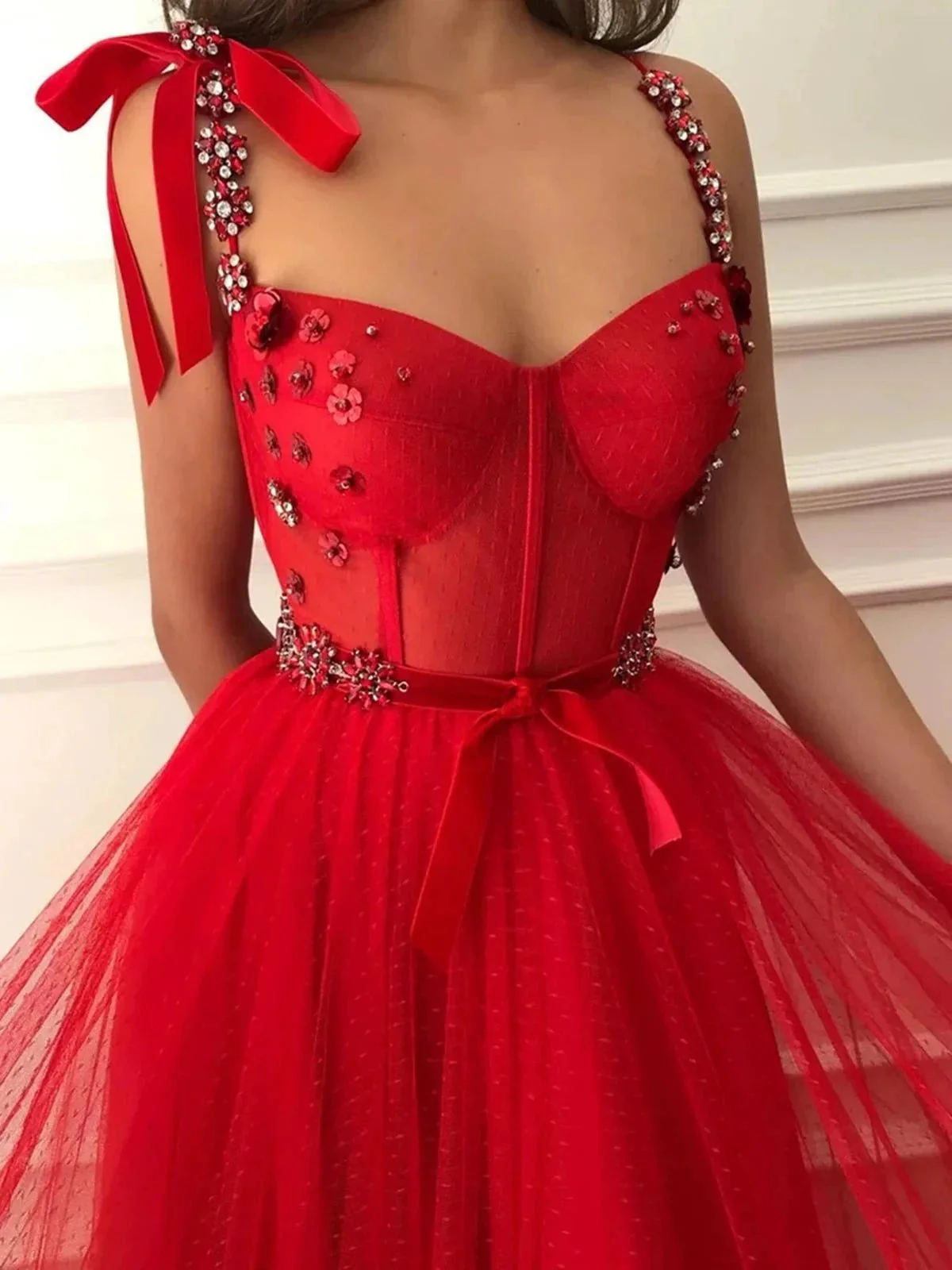 Red Long A-line Tulle Beaded Floral Formal Evening Graduation Prom Dresses - Image 2