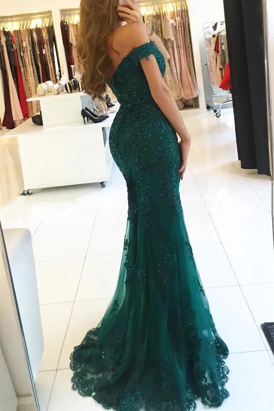 Red Long Evening Dresses Lace Beaded Off Shoulder Mermaid Prom Dresses Party Dresses - Image 2