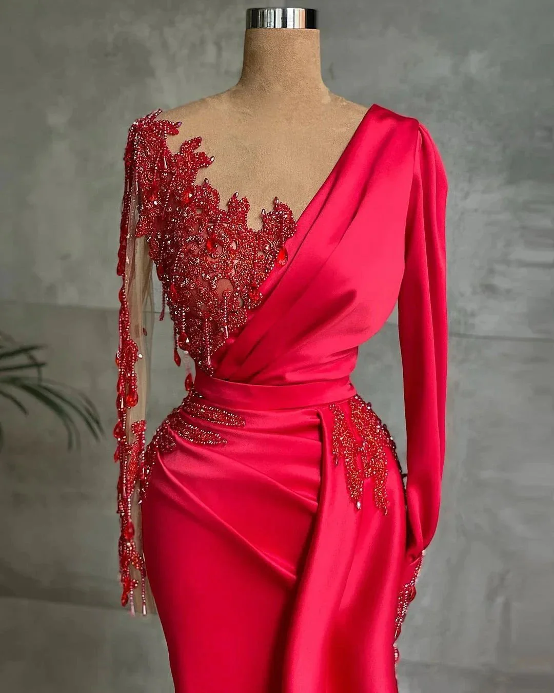 Red Long Mermaid Satin Prom Dress with Sleeves - Image 2