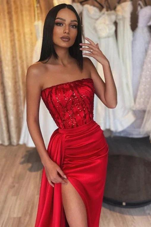 Red Long Mermaid Strapless Satin Formal Prom Dress with High Split - Image 2
