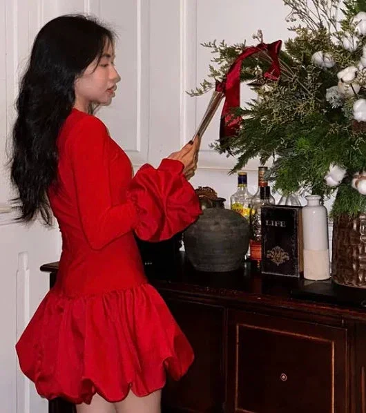 Red Long Sleeves A Line Mini Cocktail Dress Classy Homecoming Dress Y8103 - Image 3