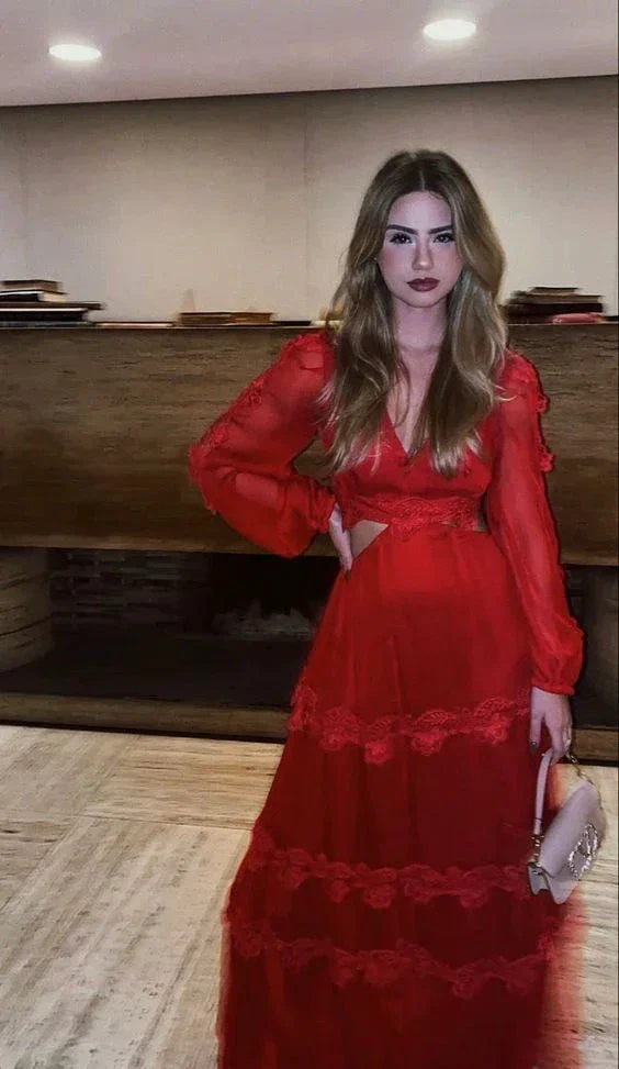 Red Long Sleeves A-line Prom Dress Red Evening Dress Y6141 - Image 2