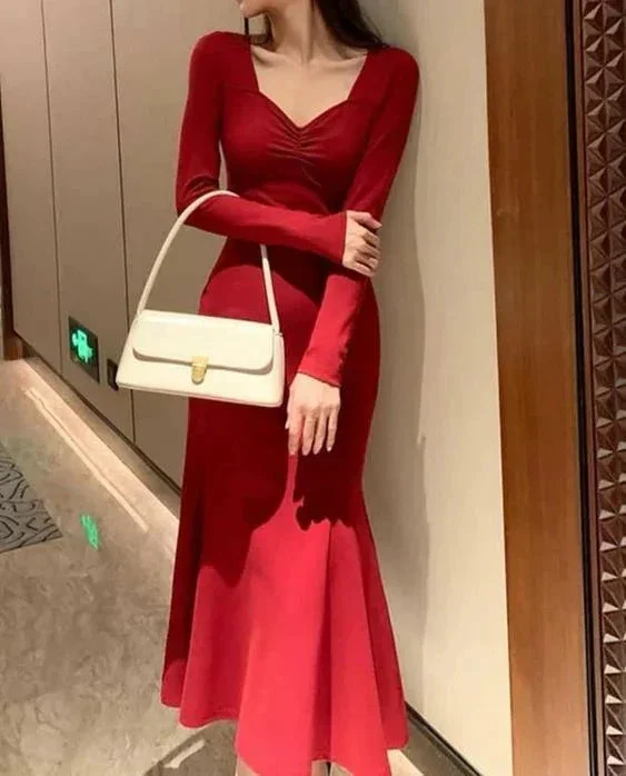 Red Long Sleeves Mermaid Evening Dresses Prom Gown Party Gowns Y5618 - Image 2
