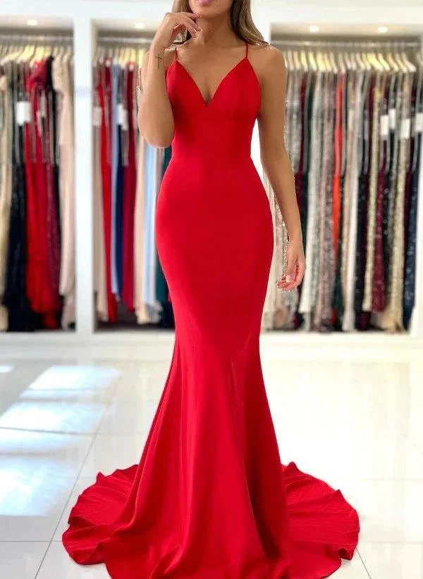 Long Mermaid V-neck Backless Red Prom Dresses - Image 2