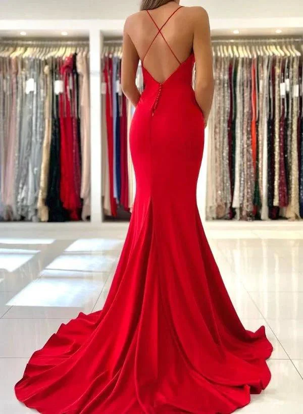 Long Mermaid V-neck Backless Red Prom Dresses - Image 3
