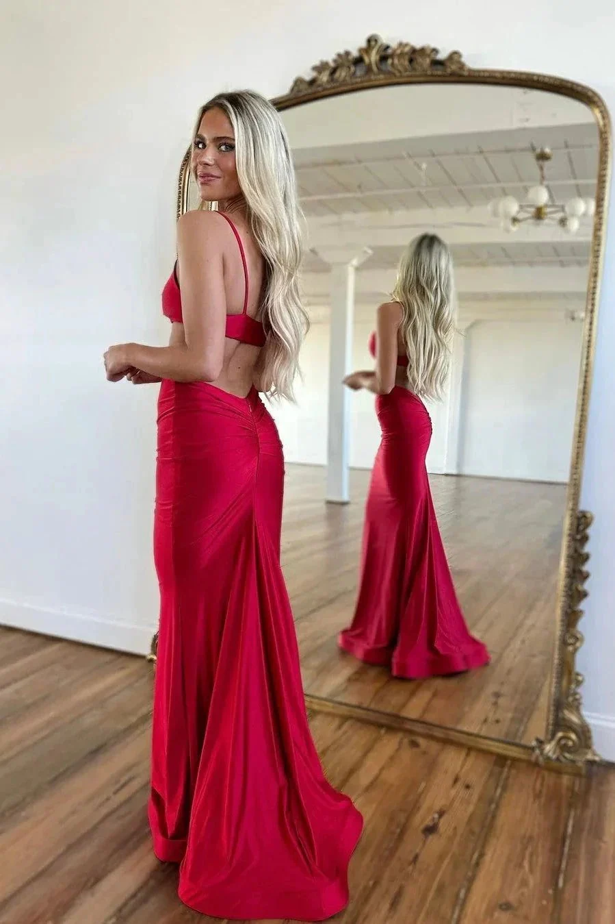 Red Mermaid Floor Length Prom Dress with Delicate Spaghetti Straps - Image 2