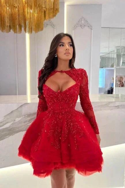 Red Mini A-Line Long Sleeves Ruffles Halter Prom Dresses with Appliques - Image 2