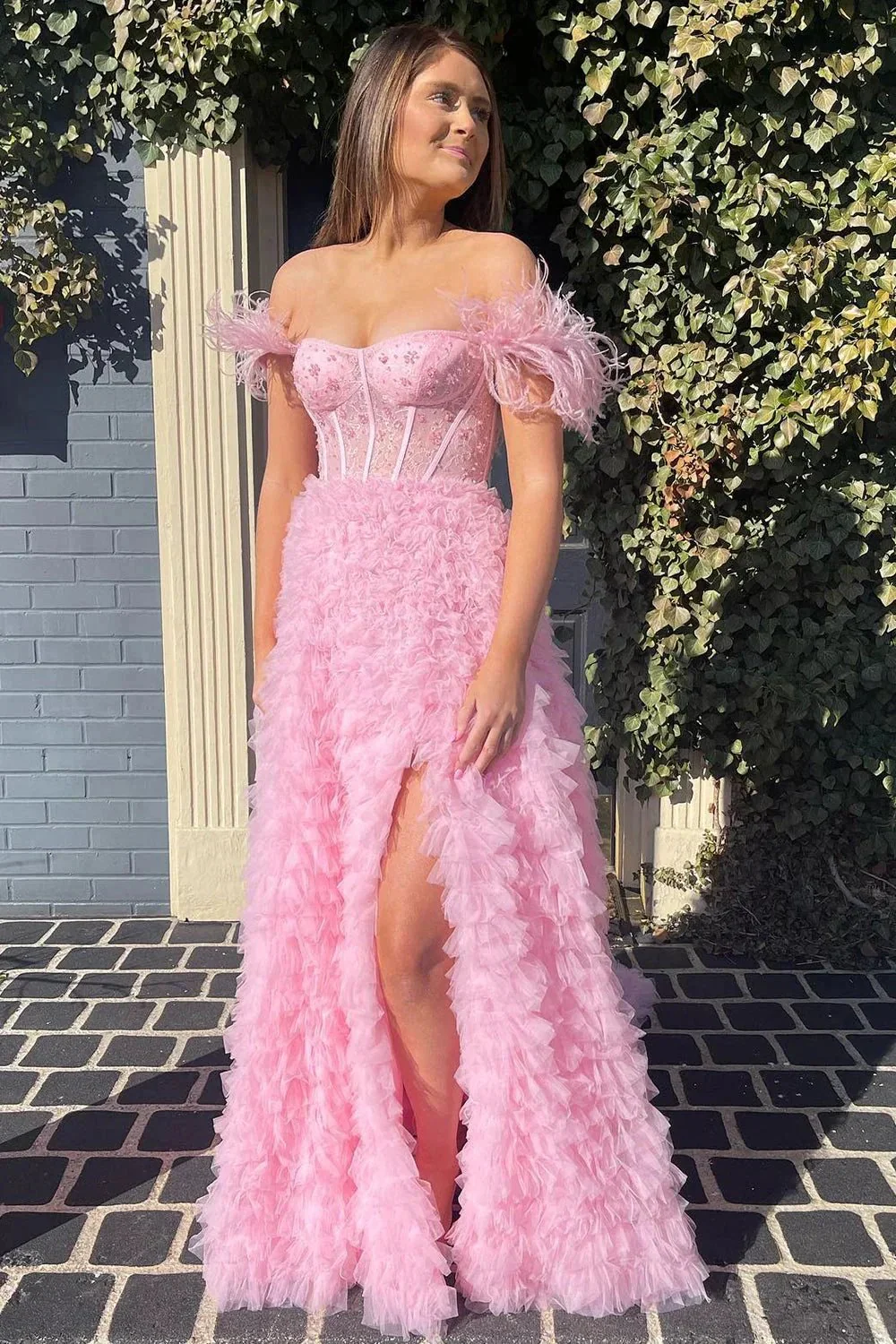 Ingrid |A Line Sweetheart Tiered Tulle Long Prom Dress With Slit - Image 2