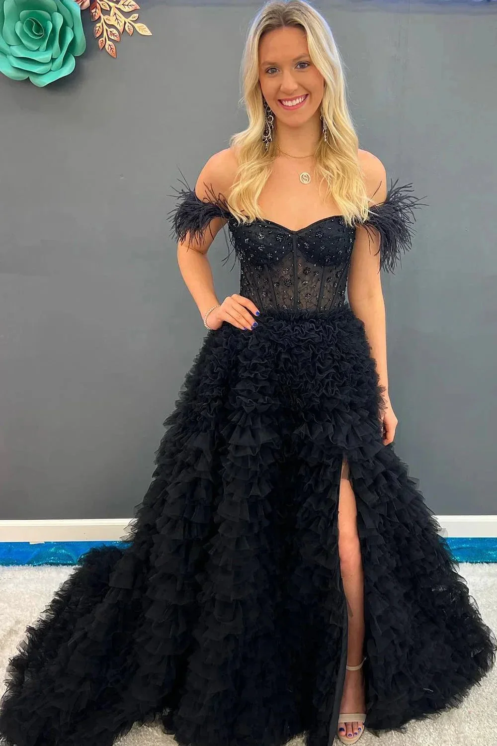 Ingrid |A Line Sweetheart Tiered Tulle Long Prom Dress With Slit - Image 4