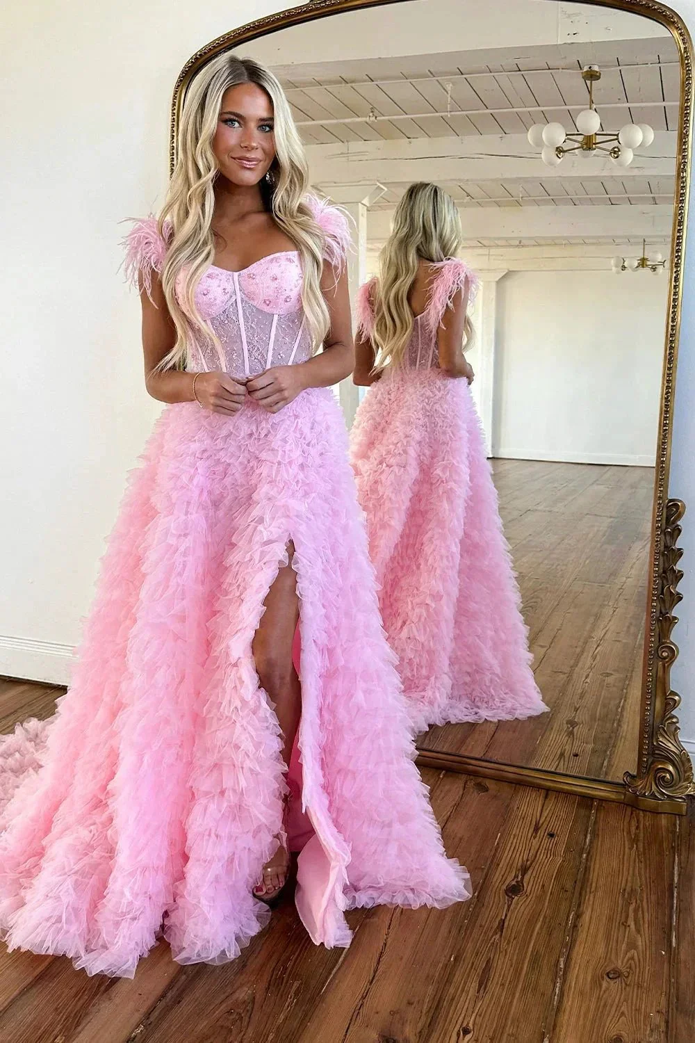 Ingrid |A Line Sweetheart Tiered Tulle Long Prom Dress With Slit - Image 6
