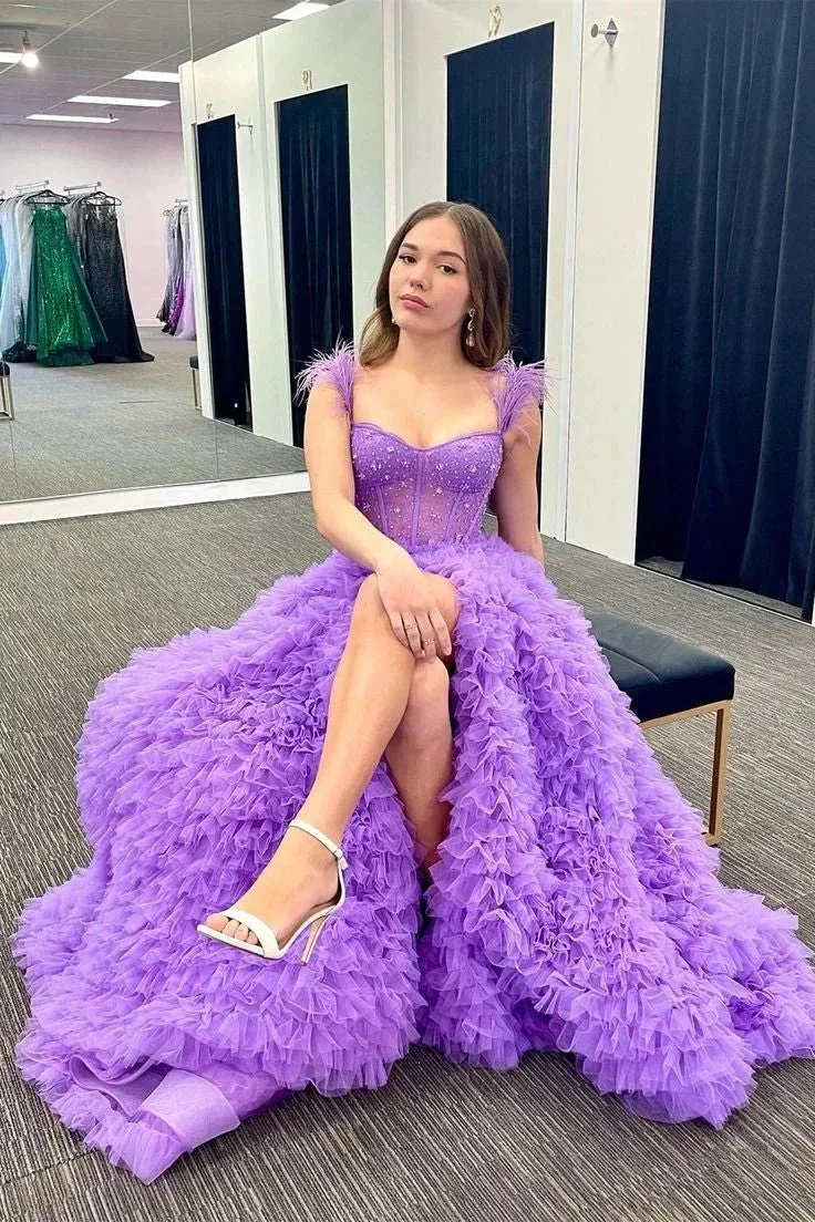 Ingrid |A Line Sweetheart Tiered Tulle Long Prom Dress With Slit - Image 8