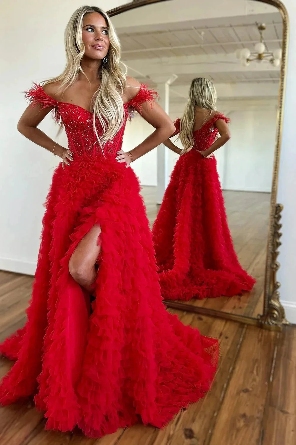 Ingrid |A Line Sweetheart Tiered Tulle Long Prom Dress With Slit - Image 9