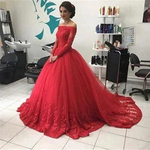 Red Off Shoulder Lace Tulle Long Sleeves Prom Dress Ball Gown Wedding Dresses, MP351 - Image 2