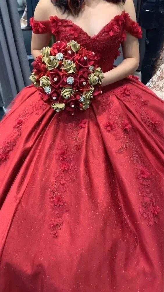 Red Off The Shoulder Ball Gown With Appliques Sweet 16 Dress  Y6454 - Image 2