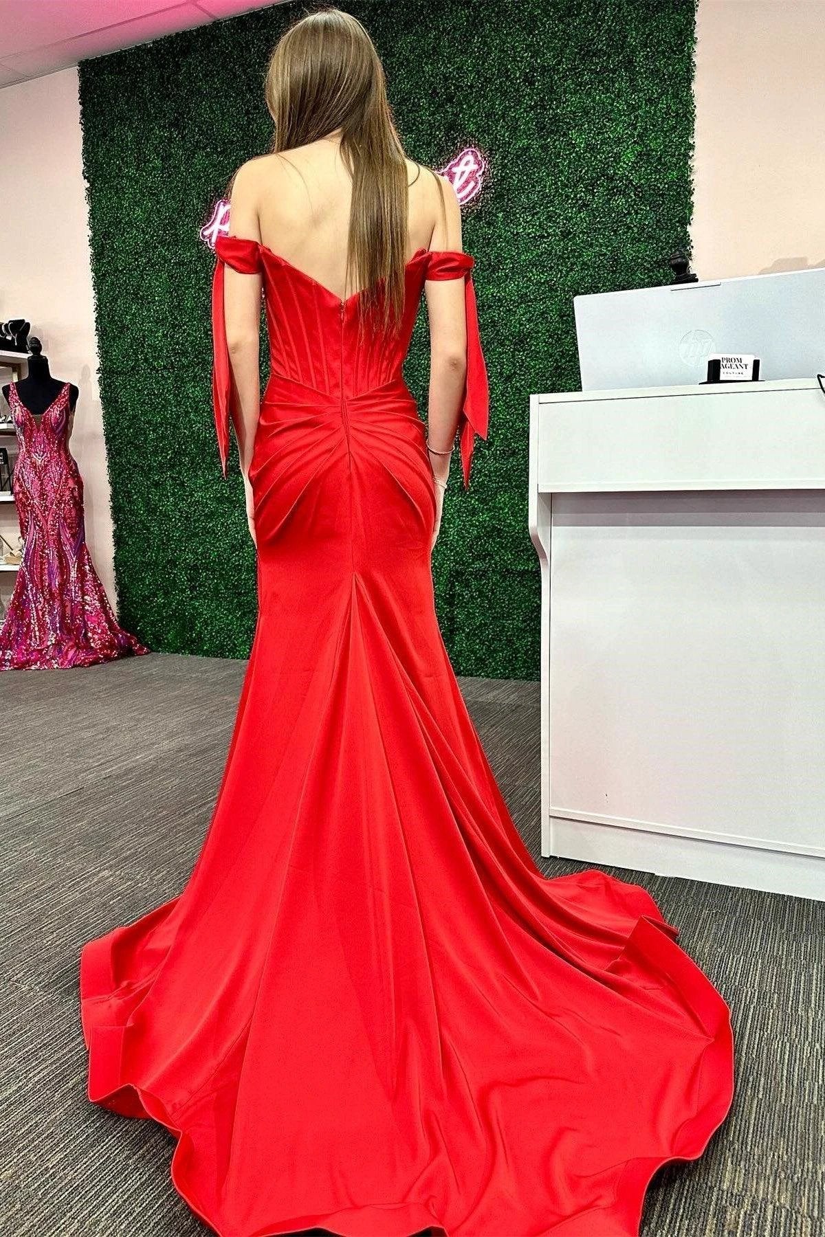 Pamela | Red Off-the-Shoulder Bow Sleeve Mermaid Long Prom Dress with Slit - Image 2