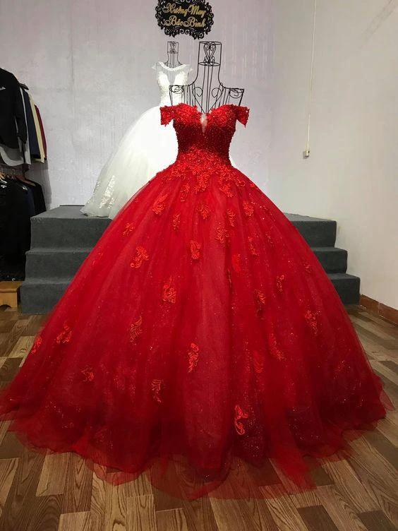 Red Off The Shoulder Lace Tulle Ball Gown Sweet 16 Dress Y1274 - Image 2