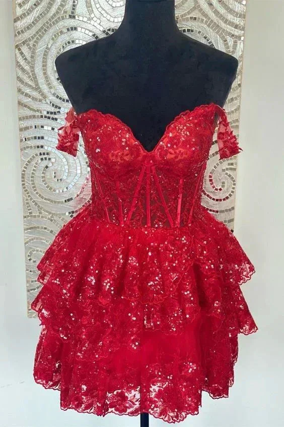Red Off the Shoulder Sheer Corset Tiered Ruffles Homecoming Dress Y2822 - Image 3