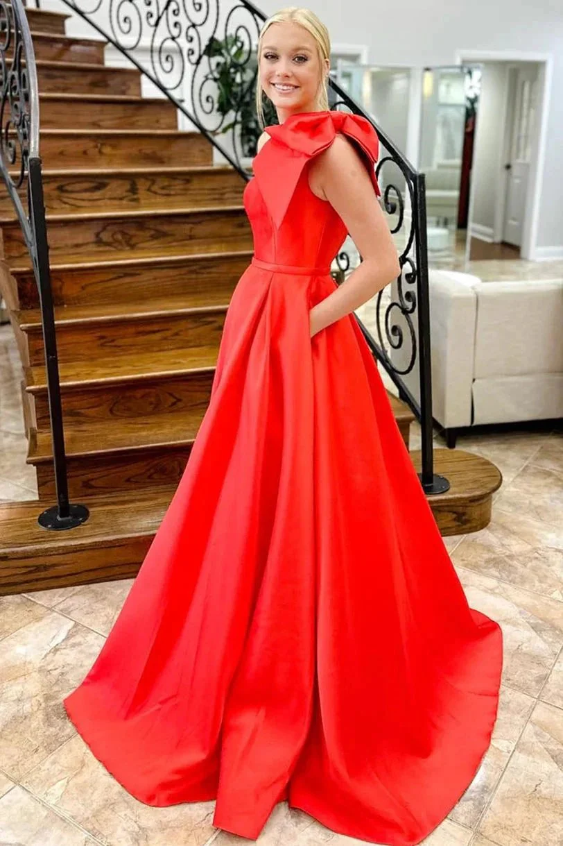 Aliya | Red One Shoulder Bow Tie Satin Prom Dress with Pockets - Image 2