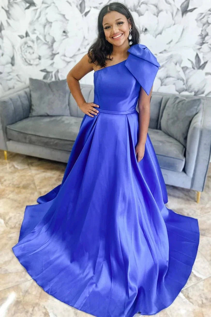 Aliya | Red One Shoulder Bow Tie Satin Prom Dress with Pockets - Image 4