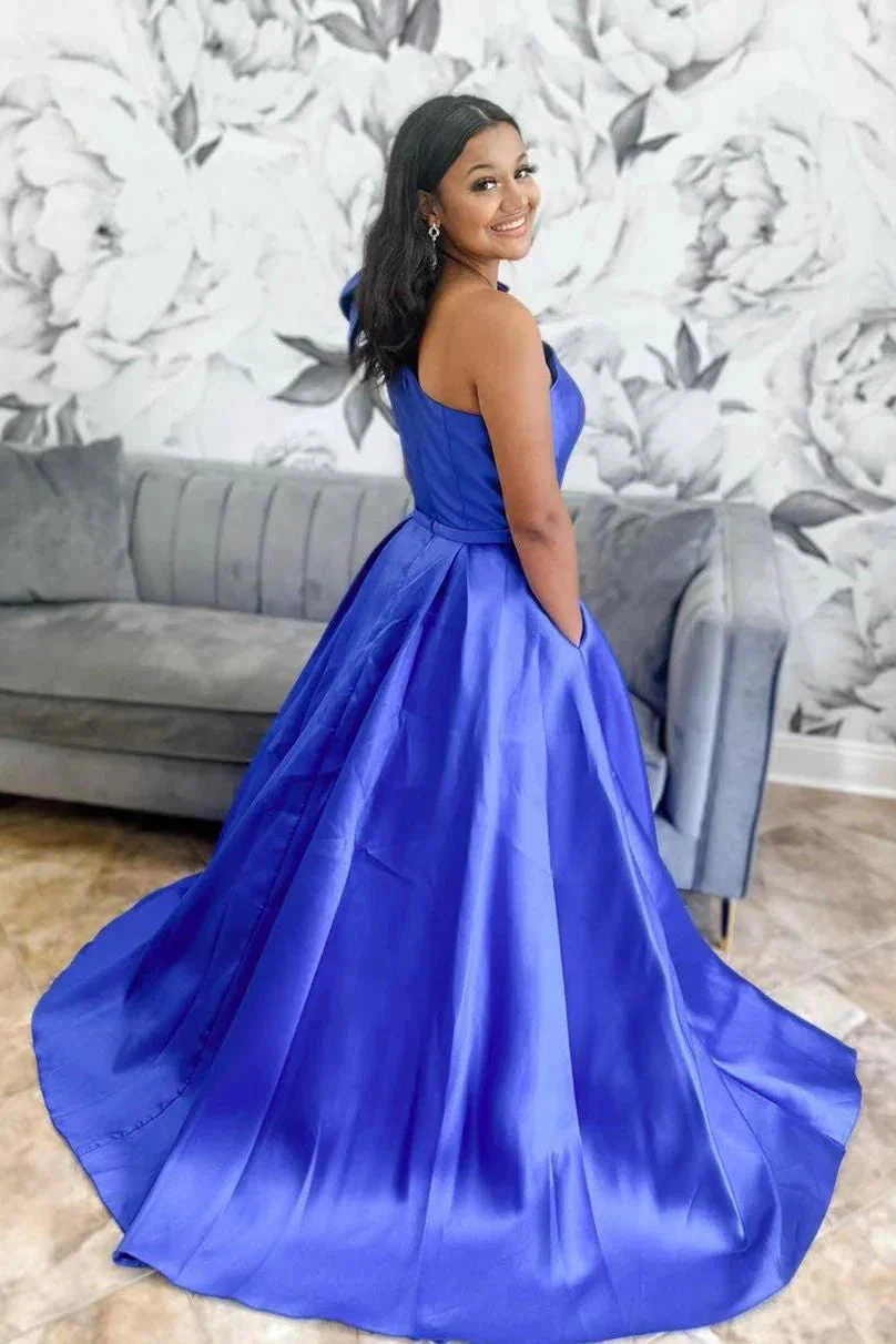 Aliya | Red One Shoulder Bow Tie Satin Prom Dress with Pockets - Image 6