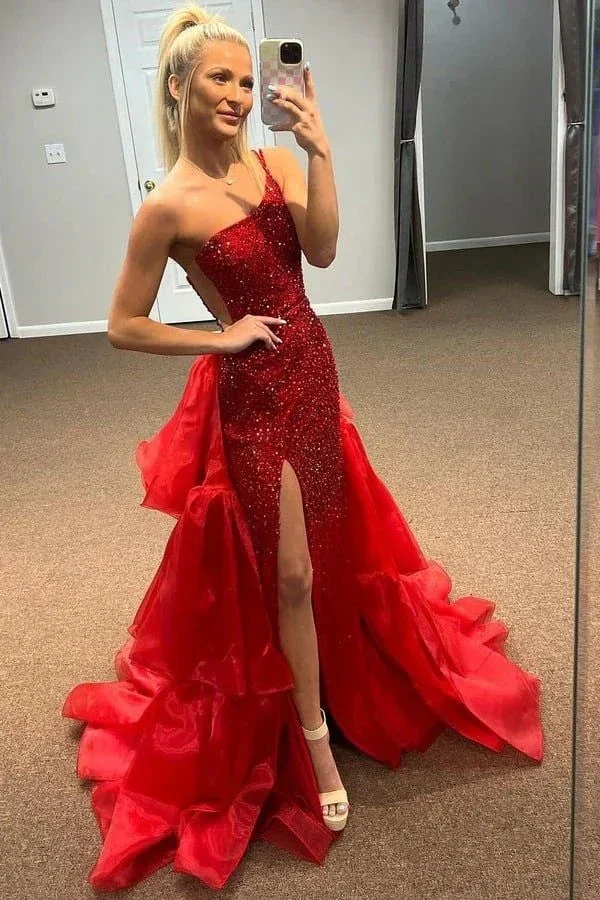 Red One Shoulder Mermaid Slit Sequins Long Prom Dress Formal Evening Gown Y7884 - Image 2