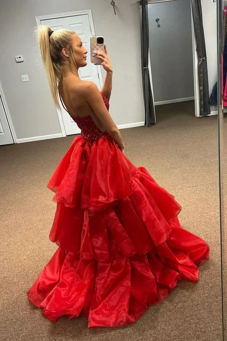 Red One Shoulder Mermaid Slit Sequins Long Prom Dress Formal Evening Gown Y7884 - Image 3