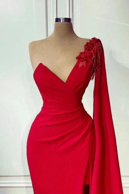 Red One-shoulder Sleeveless Mermaid Satin Floor-Length Prom Dresses with Ruffles - Image 2
