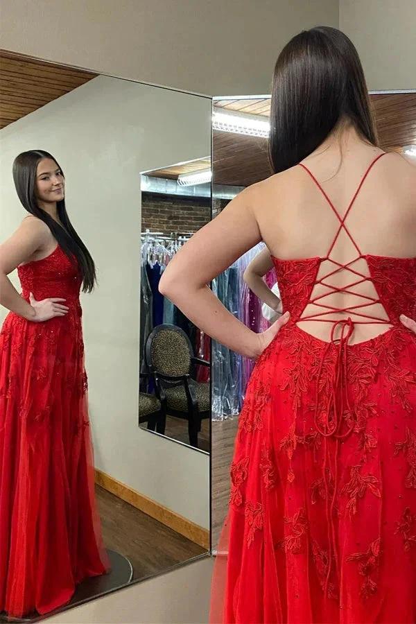 Red Plunging V Neck Floral Appliques Long Prom Dress with Slit PSK485 - Image 2