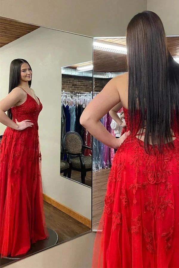 Red Plunging V Neck Floral Appliques Long Prom Dress with Slit PSK485 - Image 3