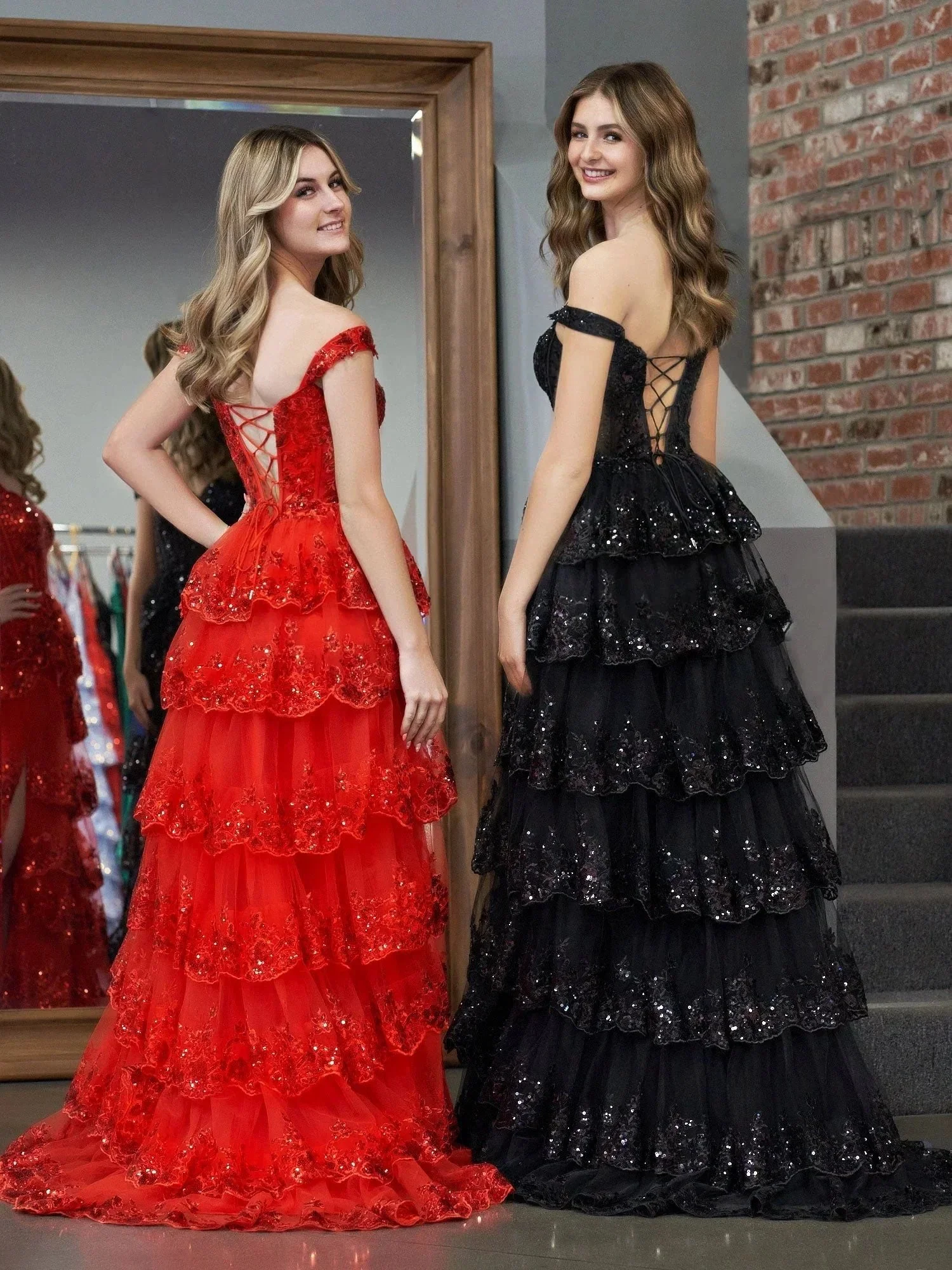 Red Princess A Line Off the Shoulder Corset Prom Dress with Lace Ruffles - Image 2