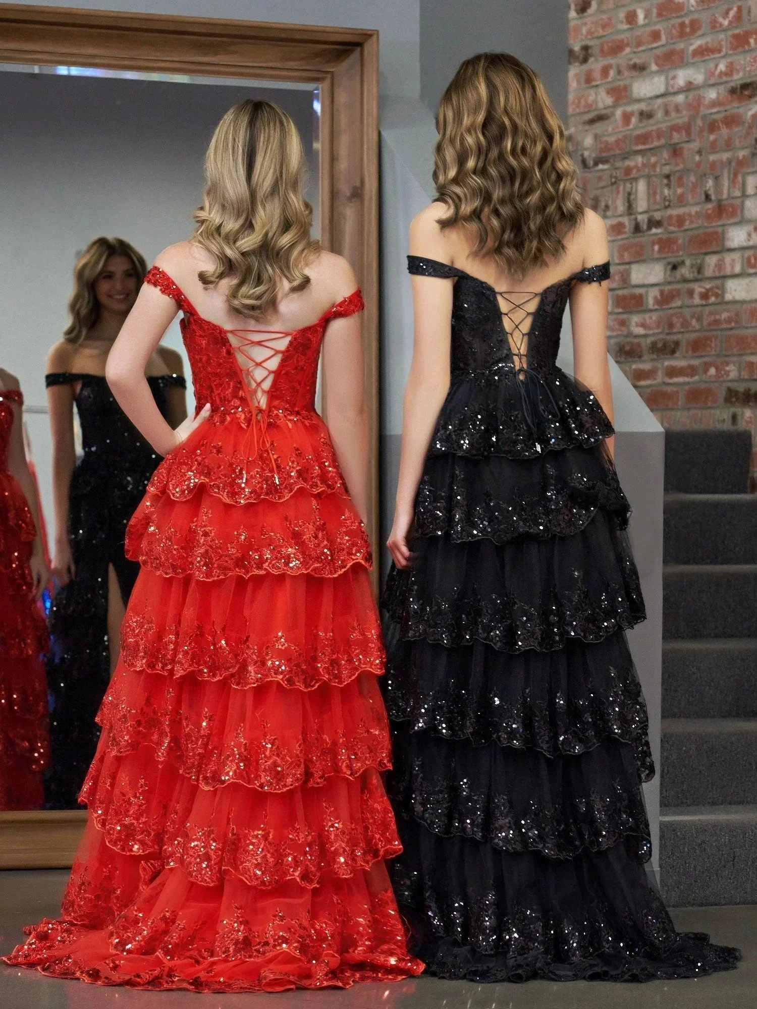 Red Princess A Line Off the Shoulder Corset Prom Dress with Lace Ruffles - Image 3