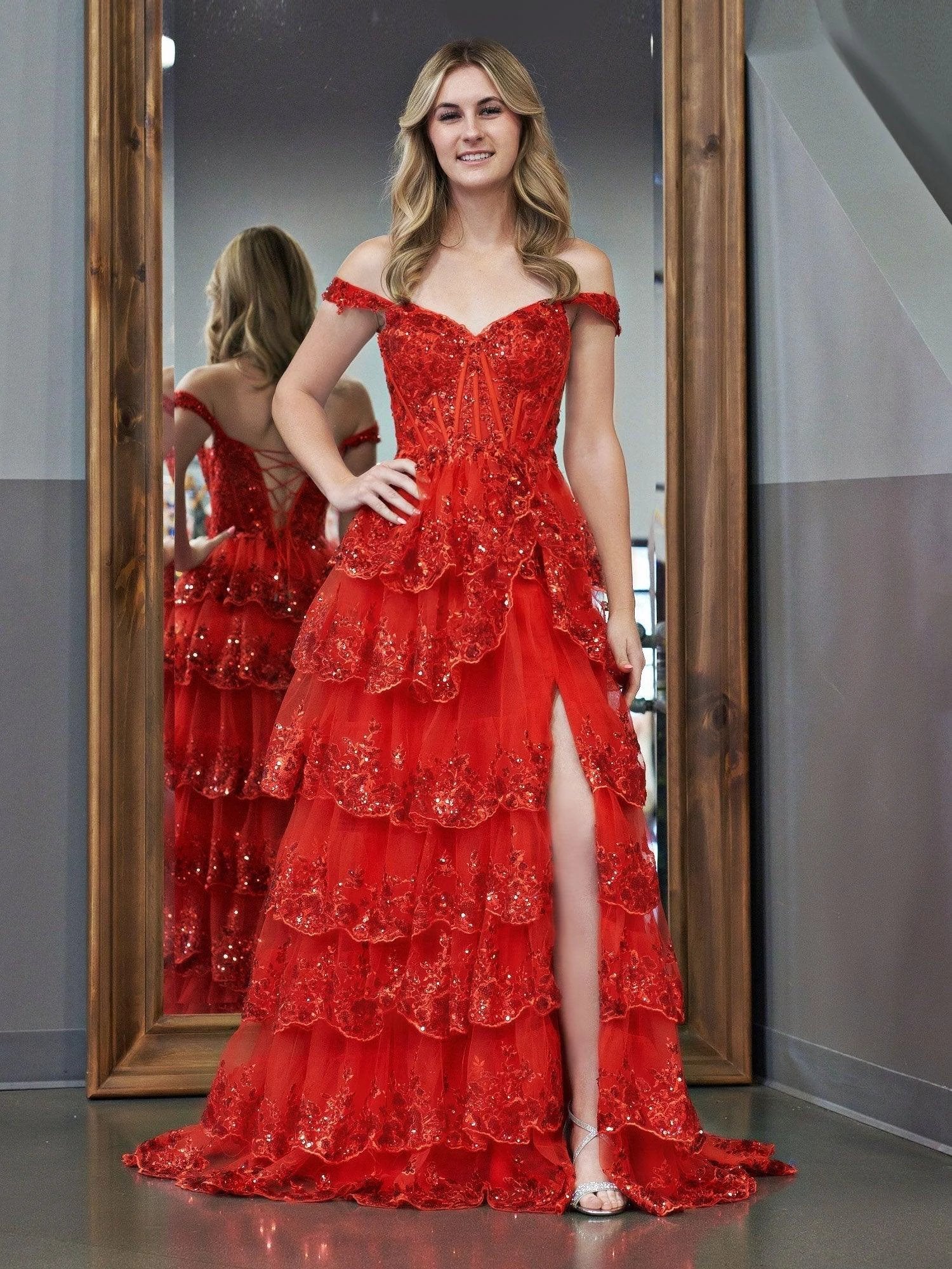 Red Princess A Line Off the Shoulder Corset Prom Dress with Lace Ruffles - Image 4