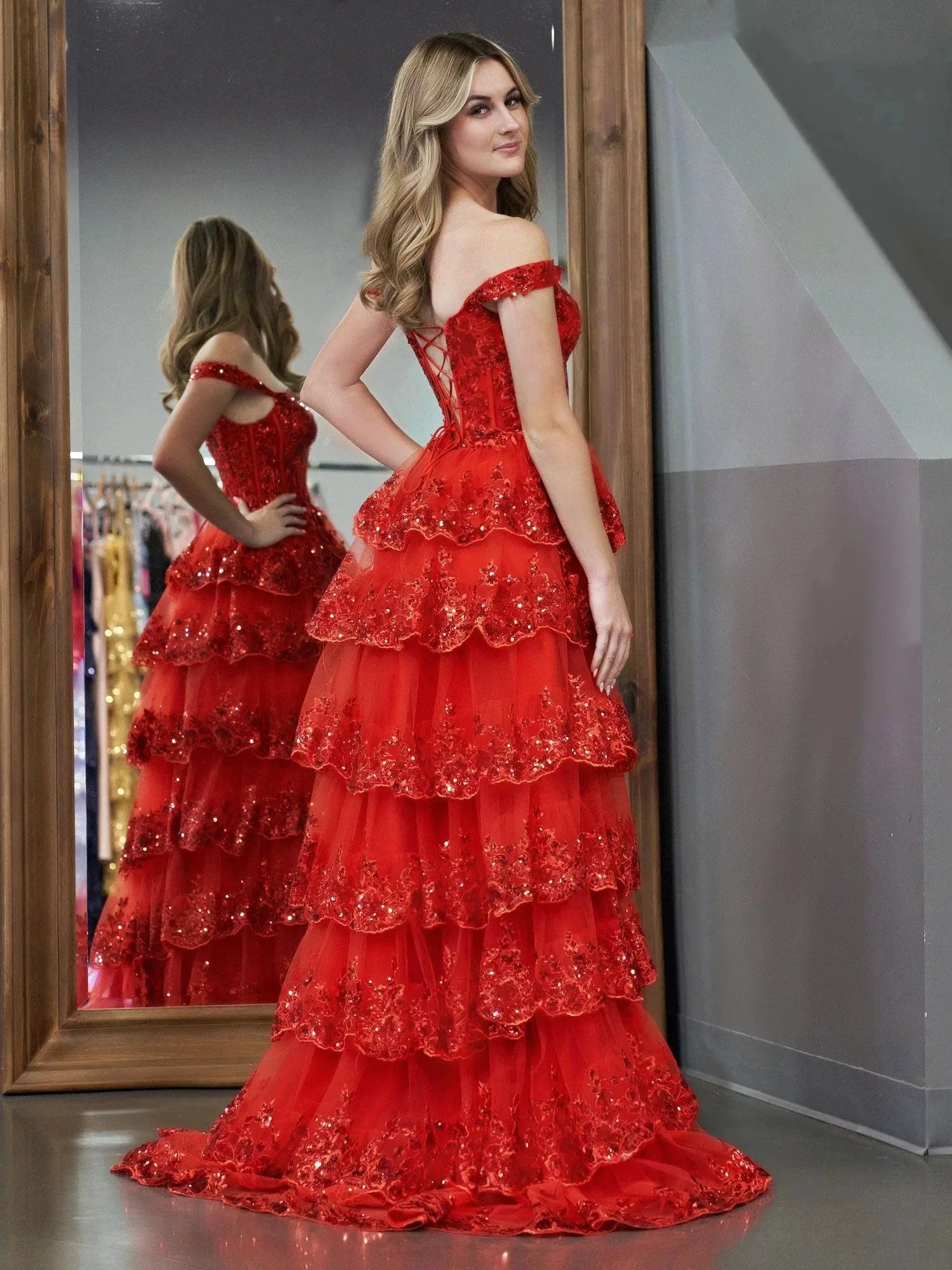 Red Princess A Line Off the Shoulder Corset Prom Dress with Lace Ruffles - Image 5