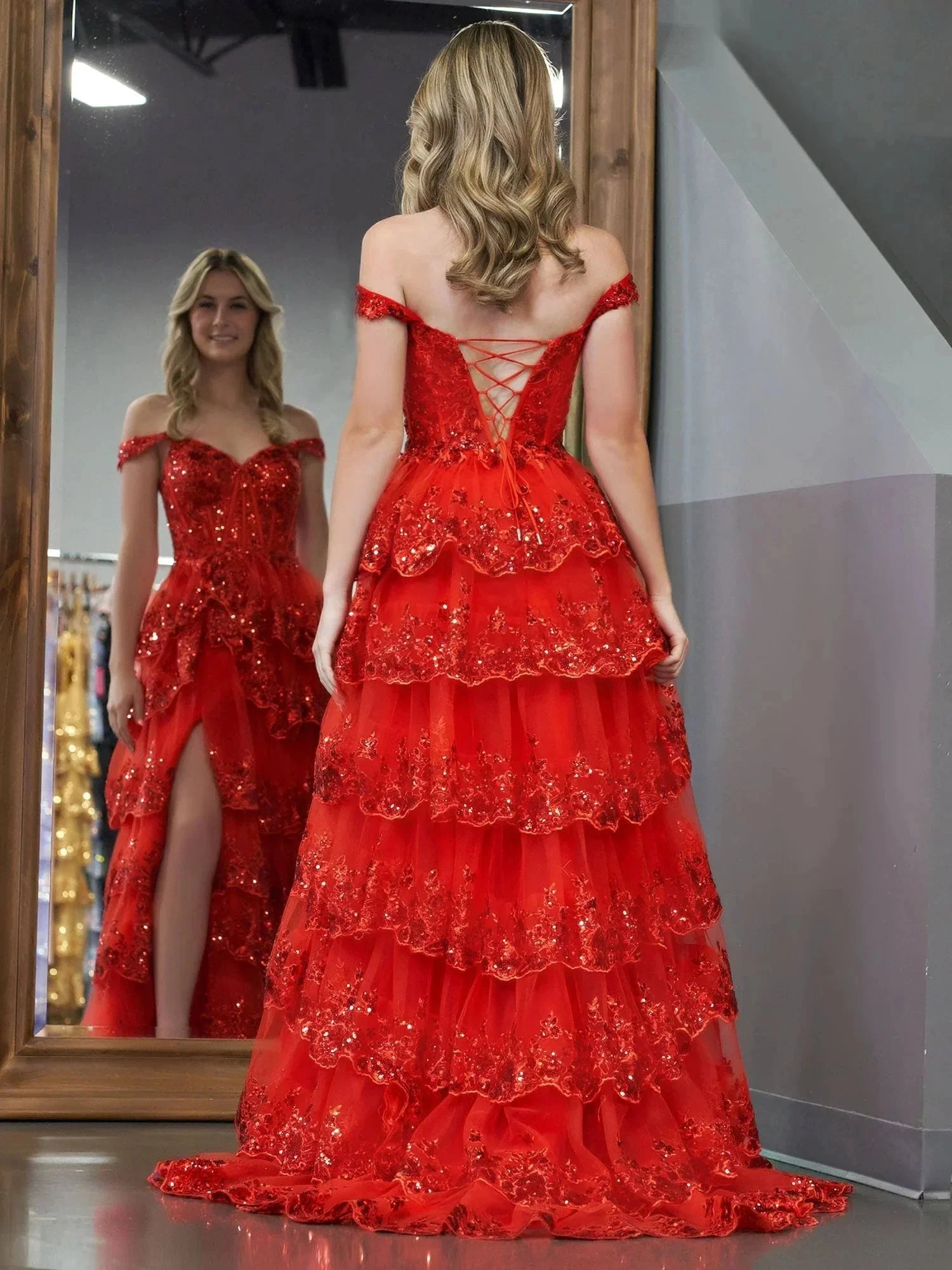 Red Princess A Line Off the Shoulder Corset Prom Dress with Lace Ruffles - Image 7