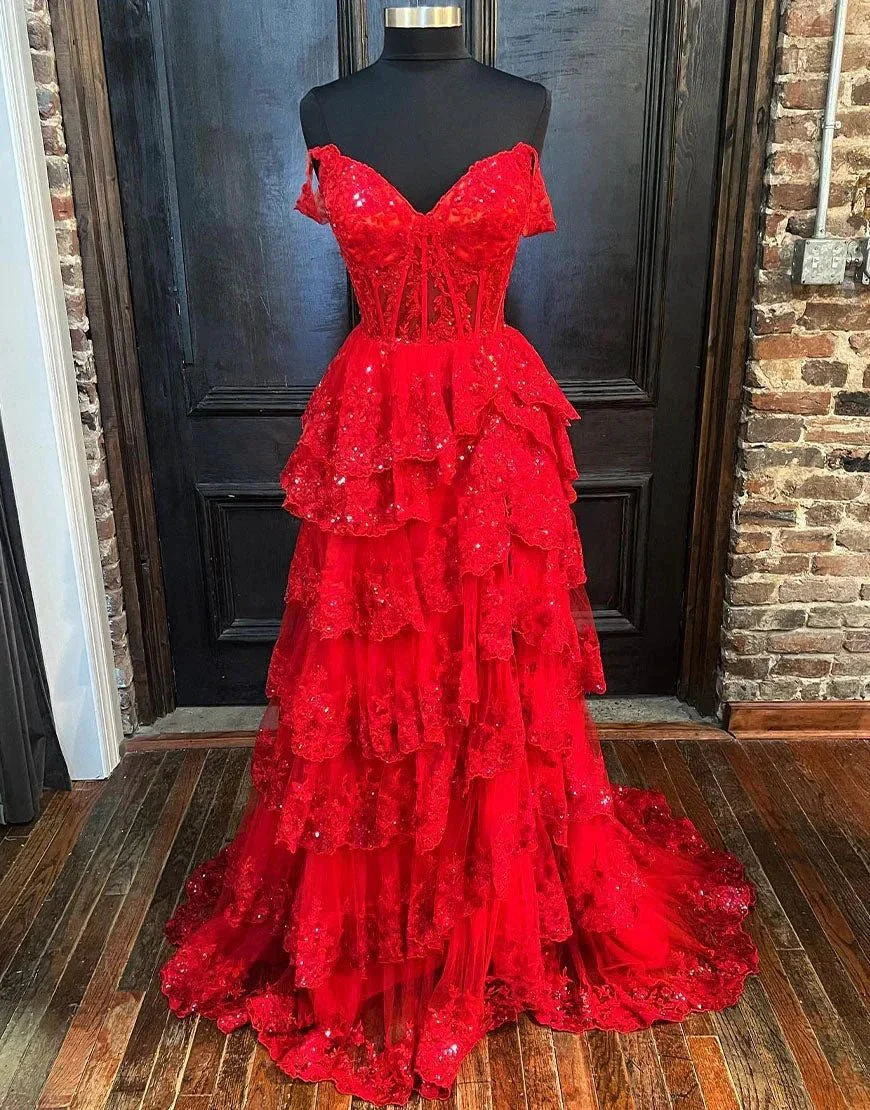 Red Princess A Line Off the Shoulder Corset Prom Dress with Lace Ruffles - Image 8