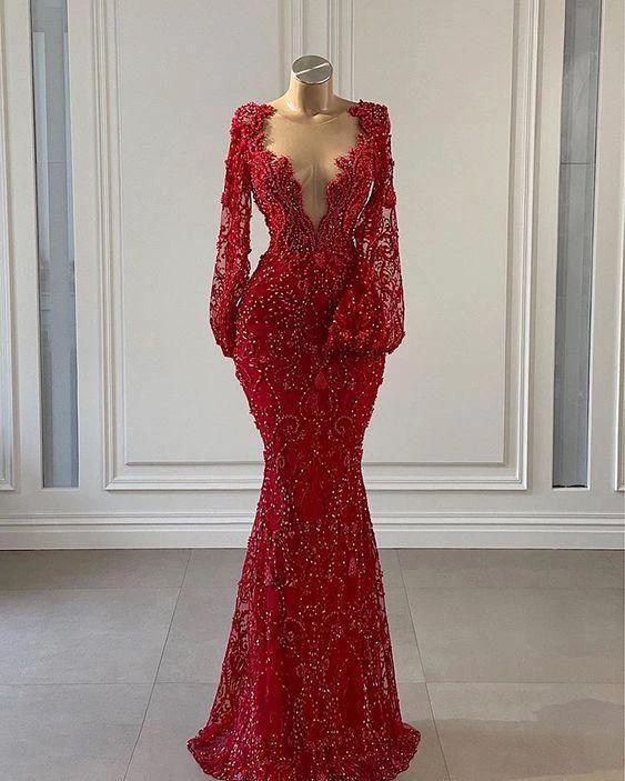 Red Prom Dress long Prom Dresses Long Sleeve Lace Mermaid Evening Gowns Y69 - Image 2