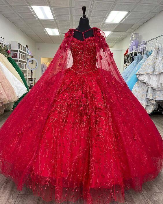 Red Quinceanera Dresses 3D Flowers Appliques Ball Gown Sweet 16 Dress Y585 - Image 2