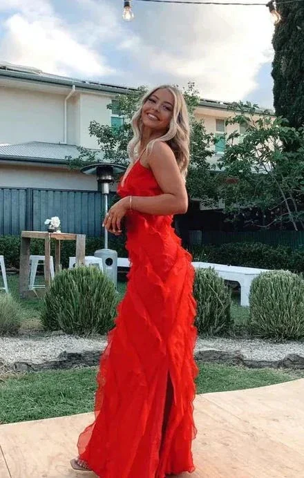Red Ruffle Long Formal Dress Elegant Evening Dresses Y6823 - Image 2