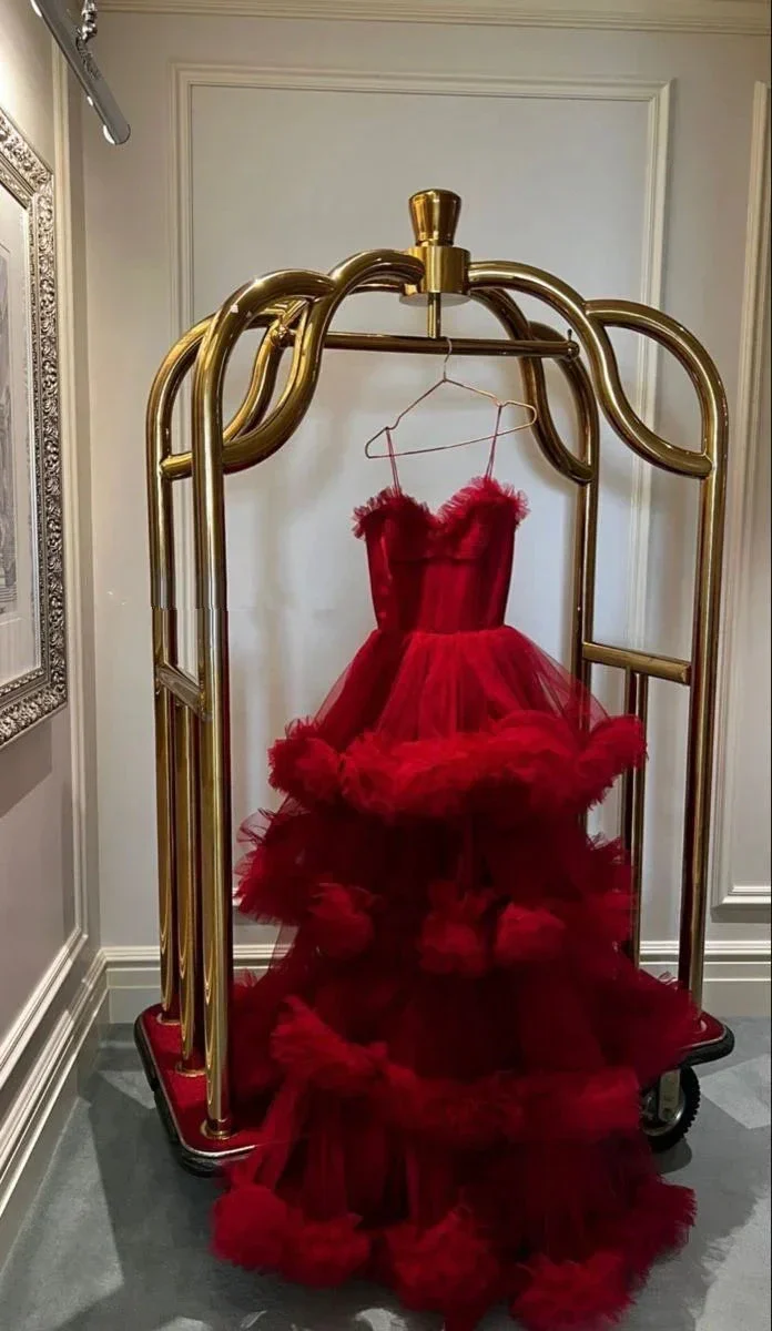 Red Ruffled Tiered Tulle Maxi Ball Gown Sweetheart Spaghetti Straps Ruffled A-Line Arabian Evening Gown Y4686 - Image 2