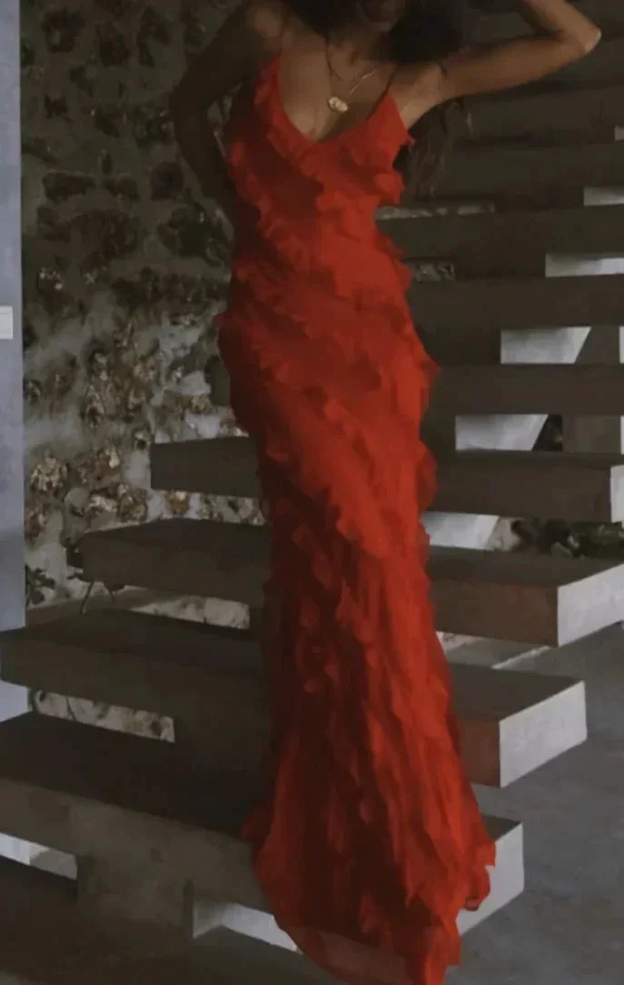 Red Ruffles Long Formal Prom Dress Elegant Evening Dress Y7979 - Image 2