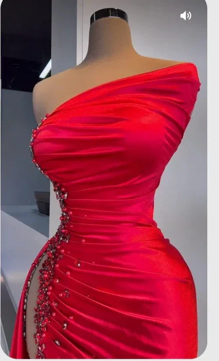 Red Asymmetrical Neckline Satin Pleated High Slit Evening Dress Charming Formal Gown Y379 - Image 2