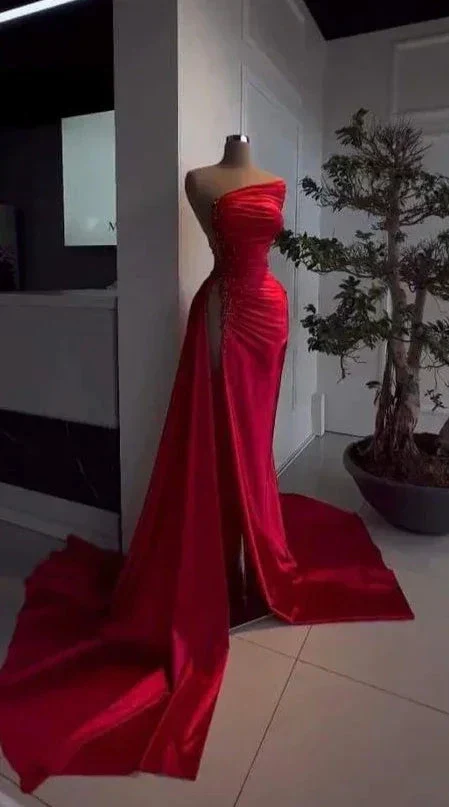 Red Asymmetrical Neckline Satin Pleated High Slit Evening Dress Charming Formal Gown Y379 - Image 3