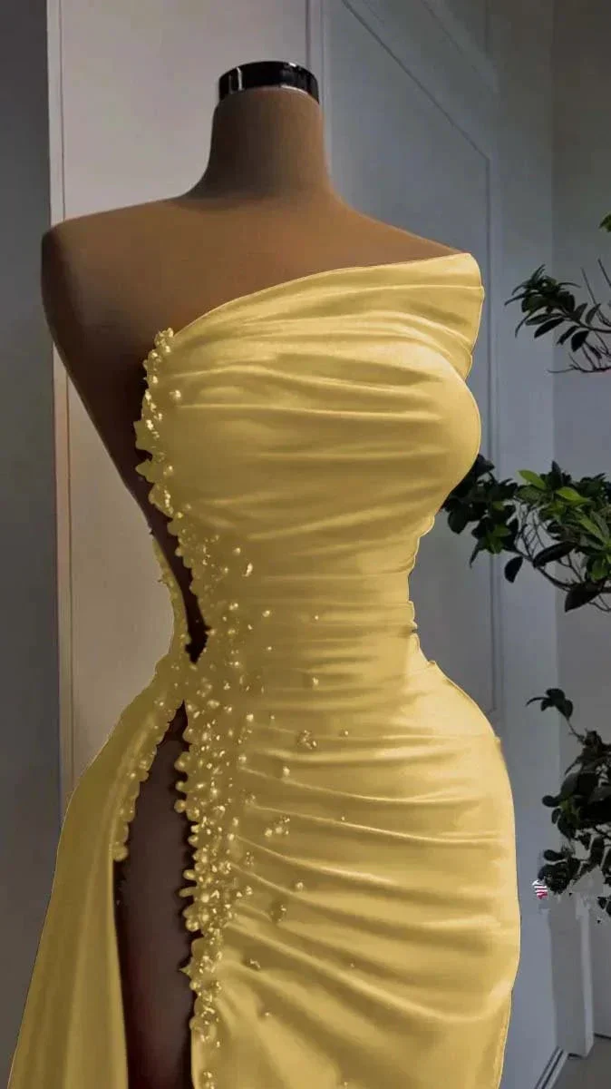 Red Asymmetrical Neckline Satin Pleated High Slit Evening Dress Charming Formal Gown Y379 - Image 6
