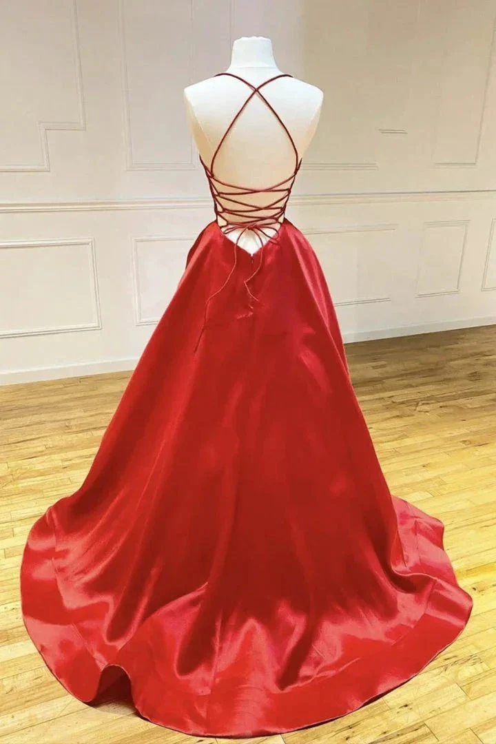 Red Satin Long Prom Dress Backless Formal Custom Simple Evening Dress Y764 - Image 2