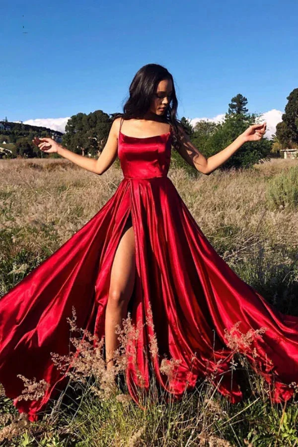 Red Satin Long Prom Gown,Front Slit Evening Dresses,Floor Length Prom Dresses Y516 - Image 2