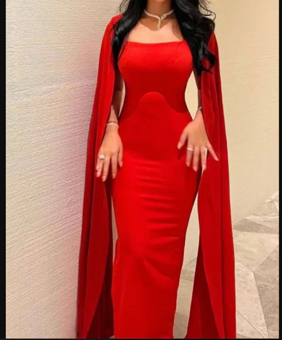 red satin mermaid evening dress with veil Saudi Arabia prom dresses party dresses Y5030 - Image 2