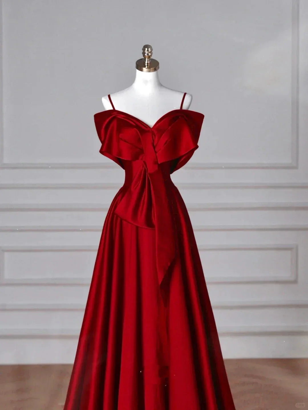 Red Satin Off The Shoulder Prom Dress Bow A Line Evening Dress Y8626 - Image 3