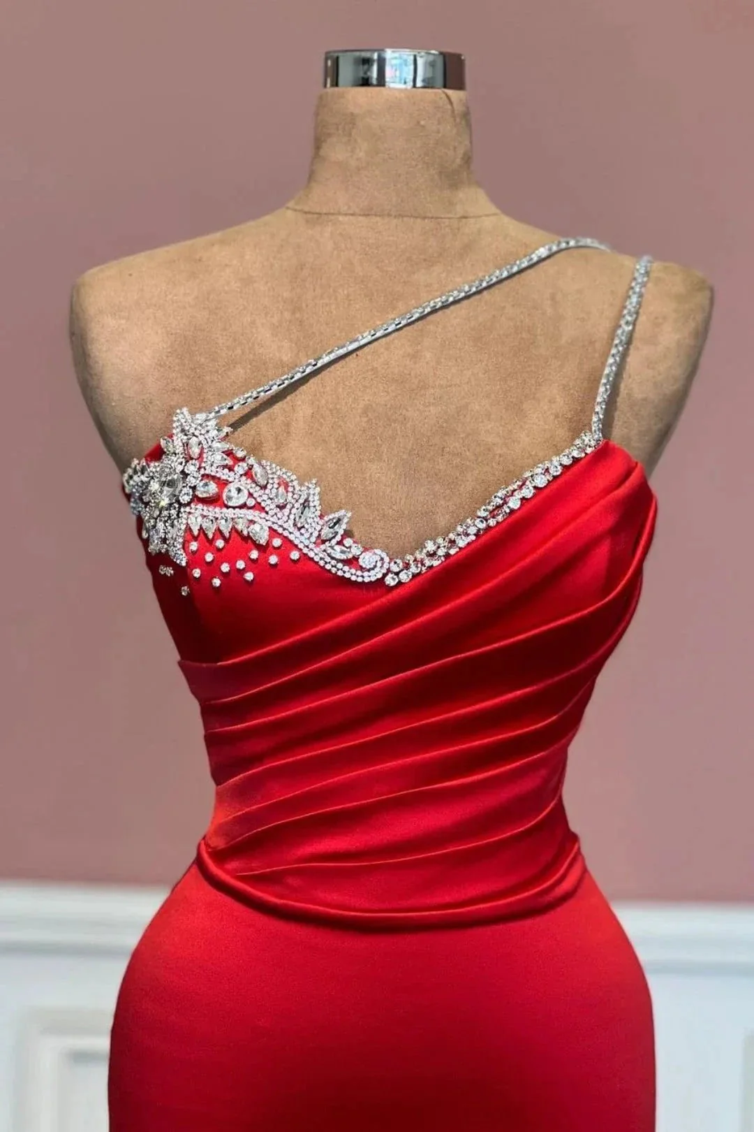 Red Satin One Shoulder Prom Dress with Sleeveless Beaded Detail - Image 2